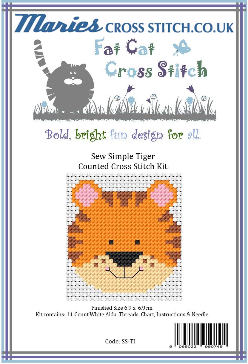Sew Simple Tiger Cross Stitch Kit by Fat Cat: 11 / Beginner / 3.05 x 3.2"