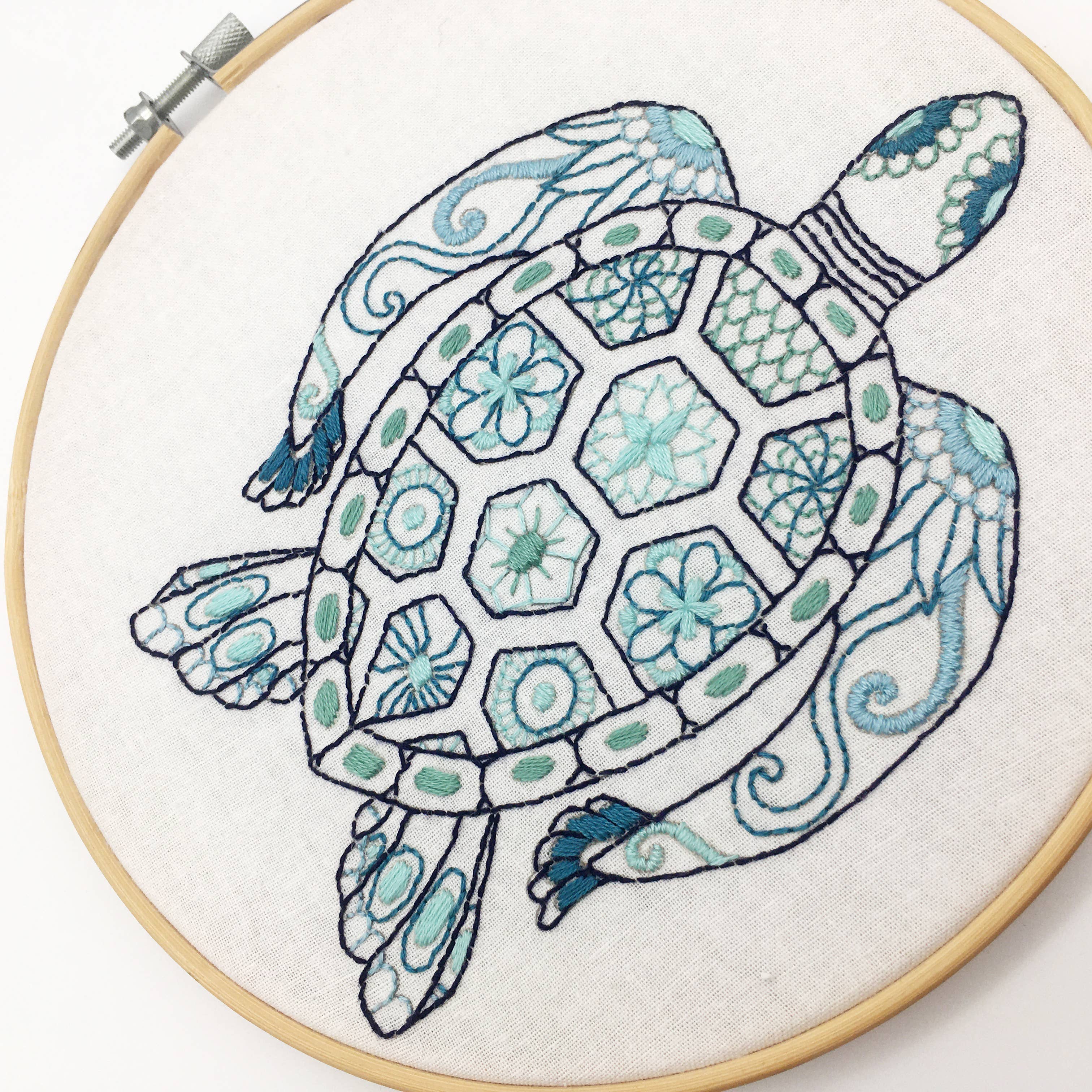 Turtle Embroidery Kit - Boxed with Hoop
