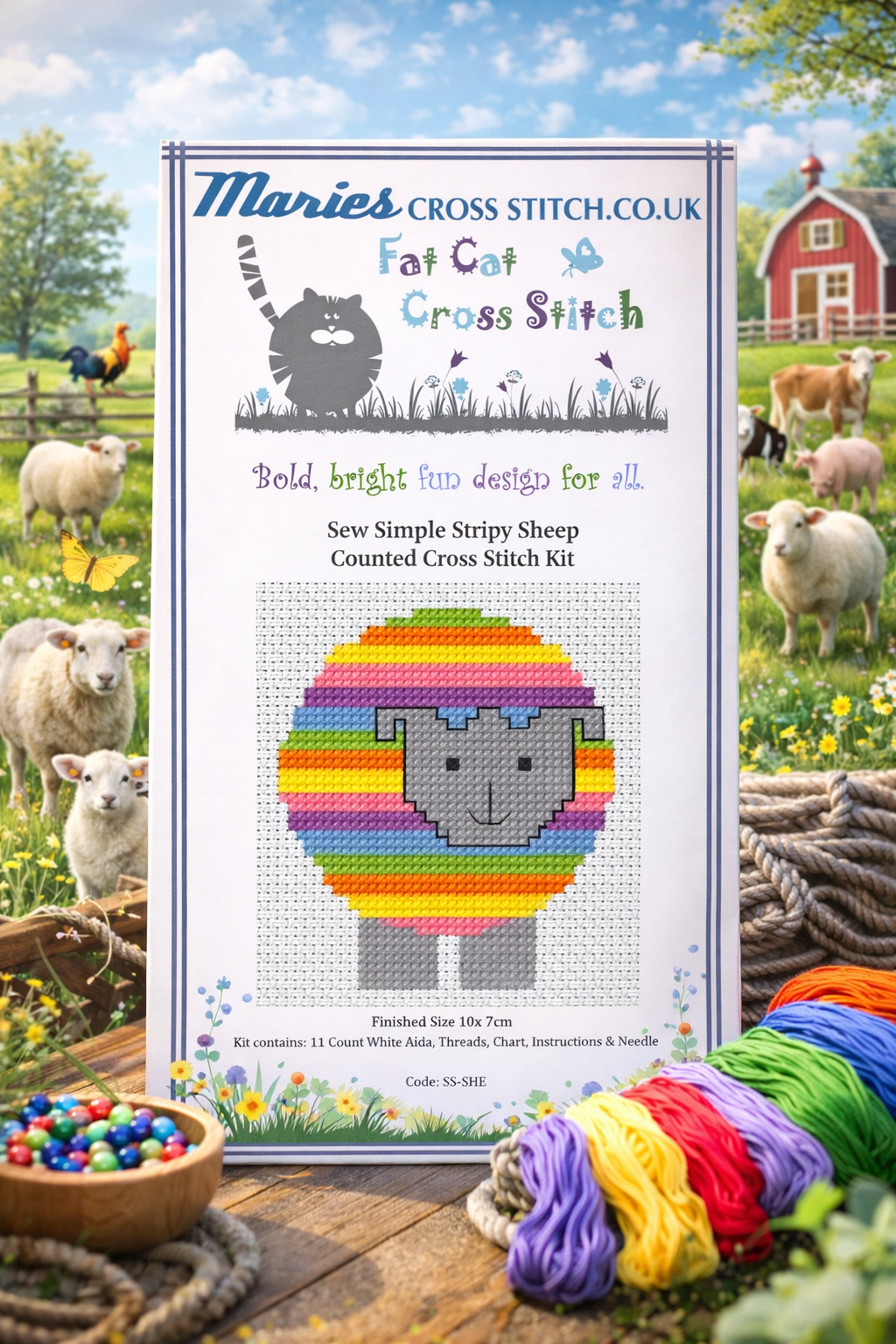 Sew Simple Stripy Sheep Cross Stitch Kit by Fat Cat: 11 / Beginner / 7.4cm x 8.5cm