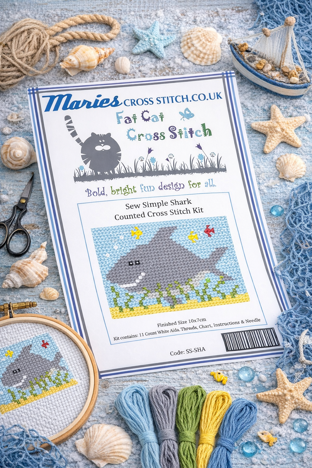 Sew Simple Shark Cross Stitch Kit by Fat Cat: 11 / 10 x 7cm
